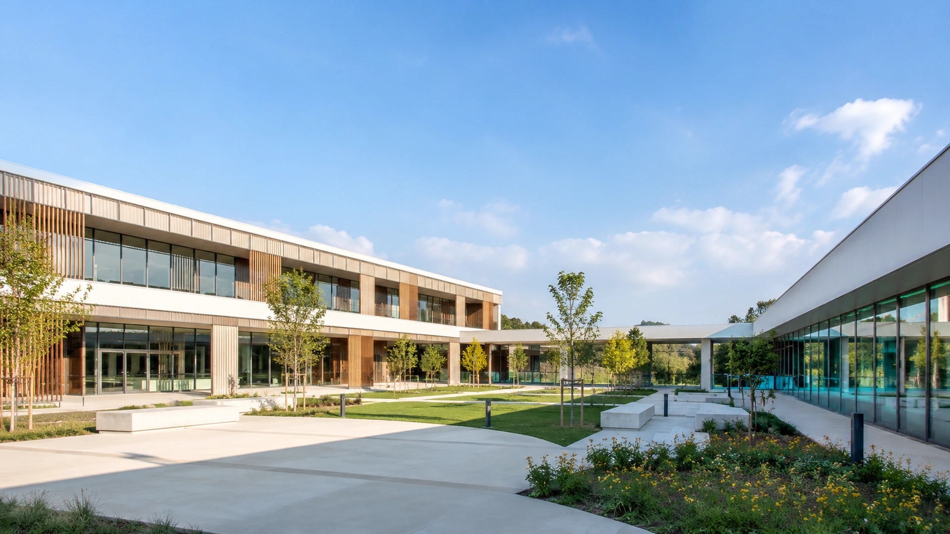 Edifício escolar com pátio exterior e intervenção técnica